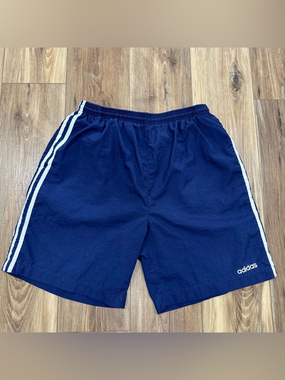 Vintage 90s Adidas Nylon Athletic 8” Shorts, Navy/White, Large